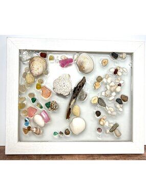 Seashell & Pebble Resin Art In White Frame - Coastal Decor 9.5''x9.5'' 3D